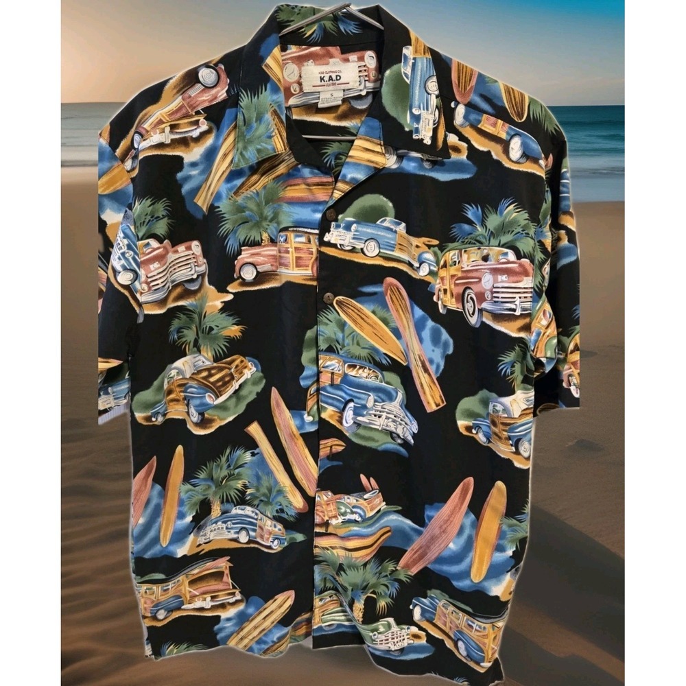 Hawaiian Shirt Woodie Wagon Surfboard Vintage Kad Aloha Tropical Camp Fits Large